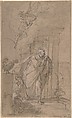 Saint Peter, Lukas Stipperger  Austrian, Pen and brown ink, brush and brown wash, heightened with pink-white bodycolour, over a sketch in graphite or black chalk; framing lines in pen and brown ink (?), by the artist