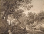 Landscape with a Young Girl at a Waterfall, Wolfgang Adam Töpffer  Swiss, Brush and brown wash, over black chalk