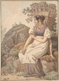 Young Woman in the Vaudois after the Grape Harvest, Wolfgang Adam Töpffer  Swiss, Watercolour, over a sketch in graphite or black chalk.  Framing line in pen and dark brown ink, by the artist.