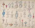 One of Twenty-Three Sheets of Drawings of Glassware (Mirrors, Chandeliers, Goblets, etc.), Compagnia di Venezia e Murano  Italian, Tissue, with pencil, pen and ink, and watercolor