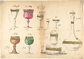 One of Twenty-Three Sheets of Drawings of Glassware (Mirrors, Chandeliers, Goblets, etc.), Compagnia di Venezia e Murano  Italian, Tissue with pencil, pen and ink, and watercolor