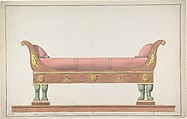 Design for an Empire Daybed, Anonymous, Italian, 19th century  Italian, Pen and ink with brown, red, yellow and green wash