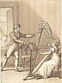 Design for a Book Illustration: a Man Approaching a Woman Playing a Harp, Anonymous, German, 19th century  German, Pen and brown ink, brush and brown wash.