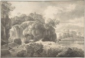 Ideal Landscape with a Shepherd and Cows, Johann Christian Klengel  German, Brush and black ink over black chalk. Two framing lines in pen and brown and pen and black ink, one of them possibly by the artist