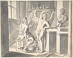 Daedalus Forming the Wings of Icarus out of Wax, Franz Xaver Wagenschön  Austrian, Pen and black ink, brush and gray wash over black chalk