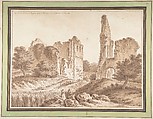Ruins of the Château of Becoiseau, near Mortcerf (seine-et-Marne), Johann Georg Wille German, Brown chalk and brush and-brown wash. Framing lines in pen and brown ink.