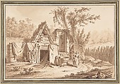 Washerwomen in Front of a Cottage, Johann Georg Wille German, Pen and brown ink, brush and brown gouache (braun laviert)