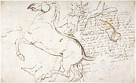 Rearing horse and trainer, drawn on a letter (recto). Studies of women and children (verso), William Etty (British, York 1787–1849 York), Brush and brown wash over pen and ink manuscript