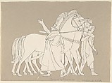 Two male classical figures with three horses (design for large fireplace white tiles produced in Wedgwood's factory), John Flaxman  British, Pen and black ink over graphite