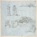 Sheet of Sketches, John Flaxman  British, Pen and brown and gray ink over graphite on blue paper
