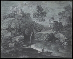 Mountain Landscape with a Castle and a Boatman, Thomas Gainsborough (British, Sudbury 1727–1788 London), Black and white chalk with stumping on blue wove paper
