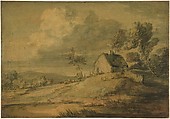 Wooded Landscape with Cottage, Cows and Sheep, Thomas Gainsborough British, Black chalk, pen and black ink, blue and brown washes, heightened with white gouache (bodycolor)