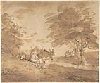 A Rest by the Way (Open Landscape with Figures, Donkey and Horses), Thomas Gainsborough British, Black chalk, brush and brown wash