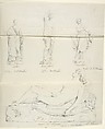 Sketches of seven statues: Faith, Paolo and Francesca di RImini, Charity, Ceres, Heavenly Venus, Dancer, and Sleeping Cupid, Circle of John Gibson (British, Gwynedd, Wales 1790–1866 Rome), Graphite, with inscriptions in pen and brown ink