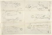 Sketches of seven sculptures: The Four Seasons, Venus and Adonis, a Beggar, and Salmacis, John Gibson British, born Wales, Pen and brown ink, graphite