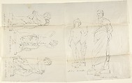 Sketches of five statues: Love, Aristides, Putto with a Cat, Psyche, and Putto with a Dog, John Gibson British, born Wales, Graphite, with inscriptions in pen and brown ink