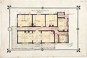 Bungalow drawing -- Floor Plan, Ernest Geldart British, Watercolor, black ink, pen and red ink over graphite