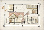 Bungalow drawing -- Eastern elevation and interior, Ernest Geldart  British, Watercolor, black ink, pen and red ink over graphite