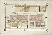 Bungalow drawing -- Western elevation and interior, Ernest Geldart (British, London 1848–1929), Watercolor, black ink, pen and red ink over graphite