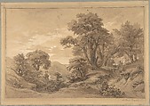 Hilly Landscape with Trees and a Road on the Right, Georg Heinrich Busse  German, Black chalk, pen and black ink, brush and brown ink, some white heightening