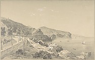 View of the Coast of Sorrento Near Vico, Carl Wilhelm Goetzloff  German, Graphite, heightened with white; framing lines in pen and ink