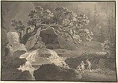 Landscape with Waterfall, Friedrich Wilhelm Gmelin German, Pen and gray and black ink, brush and gray wash. Framing line in pen and black ink.