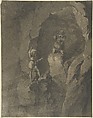 Soldiers in a Cave Receiving Blessings from Heaven, Franz von Hauslab the Younger  Austrian, Black chalk on prepared paper with brown wash.