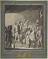 Sun King Anointing a Bound Couple, from August von Kotzebue's Die Sonnenjungfrau, Franz von Hauslab the Younger  Austrian, Brush and gray ink, gray wash, and touches of gouache; pen and black ink framing lines added when mounted