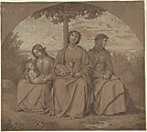 Allegories of Faith, Hope, and Charity, Heinrich Maria von Hess  German, Graphite, pen and brown ink, brush and brown wash heightened with white (partly oxidized), in an inscribed arch on brown paper