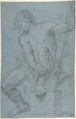 Seated Male Nude Holding a Staff, Franz Xaver Messerschmidt  German, Black and white chalk on blue paper