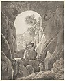 The Caves of Acradina near Syracuse in Sicily, Jacob Wilhelm Mechau German, Pen and brownish gray ink, brush and brownish gray wash, over black chalk; framing lines in pen and dark brown ink