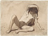 Study of a Nude Young Girl, August Xaver Karl von Pettenkofen (Austrian, Vienna 1821–1889 Vienna), Brush and brown wash over black chalk