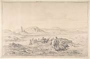 Italian Landscape with the Tiber River and Men with Cattle and a Boat, Friedrich Preller the Elder German, Graphite; framing lines in graphite
