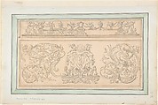 Design for plate 8, from "Orthographia", Johann Daniel Preissler  German, Pen and brown and gray ink, brush and gray wash over black chalk; inlaid on paper mount with green and black framing lines