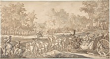 The Arrival of the Princely Carriage at the Starting Point of the Hunt, Johann Elias Ridinger (German, Ulm 1698–1767 Augsburg), Pen and brown ink, gray wash, over a sketch in graphite or black chalk. Framing line in pen and brown ink (lower and right edge) and graphite (upper edge)