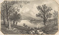 View of a lake or river with a sailboat, David Octavius Hill British, Scottish, Pen and black ink, brush and wash, over graphite