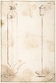 Two Glass Containers for Scientific Experiments with Liquids, Illustrations for "Saggi di naturali esperienze", Anonymous, 17th century, Black chalk, pen and brown ink, brush and brown and gray wash, black chalk framing lines