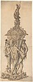 Design for a Goblet with the Three Graces, Anonymous, German, 17th century, Pen and black and brown ink, wash, and gold paint