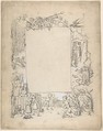 Cartouche framed with scenes of Christ leaving tomb and Easter Bunny, Anonymous, German, 19th century  German, Pen and black ink, corrected with white