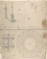 Design for coffered cupola interior and monuments (recto); details of wall decoration (verso), Anonymous, German, 19th century, Graphite