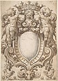 Coat of Arms (blank) with Two Putti Holding a Crown, Anonymous, German, 17th century (?) German, Pen and brown ink, brush and brown wash, black chalk