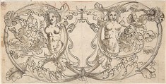 Design for a Cartouche with Acanthus Scrolls from which Female Figures Emerge, Anonymous, German, 17th century, Pen and brown and black ink and graphite with traces of red chalk