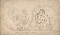 Ornament Containing Kneeling Boy and Turkey, Anonymous, German, 19th century, Graphite with pen and black ink