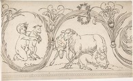 Ornament Containing a Boy and some Sheep, Anonymous, German, 19th century  German, Pen and brown ink, graphite with touches of black crayon
