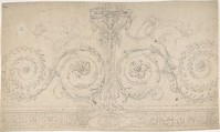Ornament with Claw-footed Urn, Lynxes, Butterflies and Foliage above a Greek Meander, Anonymous, German, 19th century  German, Graphite with touches of pen and black ink