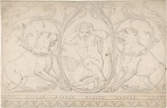 Ornament Containing a Nude Male with Pipes Framed by Two Dogs, Anonymous, German, 19th century, Graphite