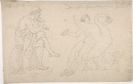 Ornament with Mythic Figures: Ulysses, a youth seated on a swan, Anonymous, German, 19th century  German, Graphite