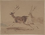 Two stags running, Sir Edwin Henry Landseer (British, London 1802–1873 London), Brush and brown wash over graphite