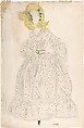 Woman wearing a yellow bonnet and polka-dot dress, Léon Bakst  Russian, born present day Belarus, Graphite, brush and watercolor and bodycolor