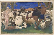 Landscape with Shepherds, Set Design for the Ballet 'Daphnis and Chloé', performed at the Théâtre du Châtelet in Paris, 1912, Léon Bakst  Russian, born present day Belarus, Watercolor